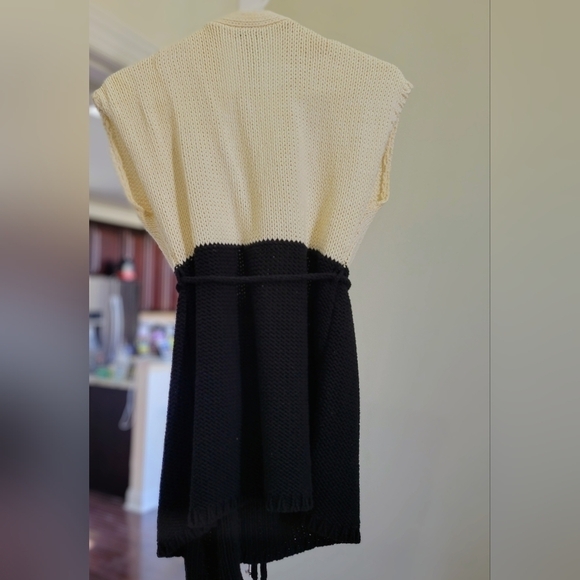 Kenneth Cole New York Open Knit Open Front Cream and Black Belted Cardigan - Picture 2 of 4